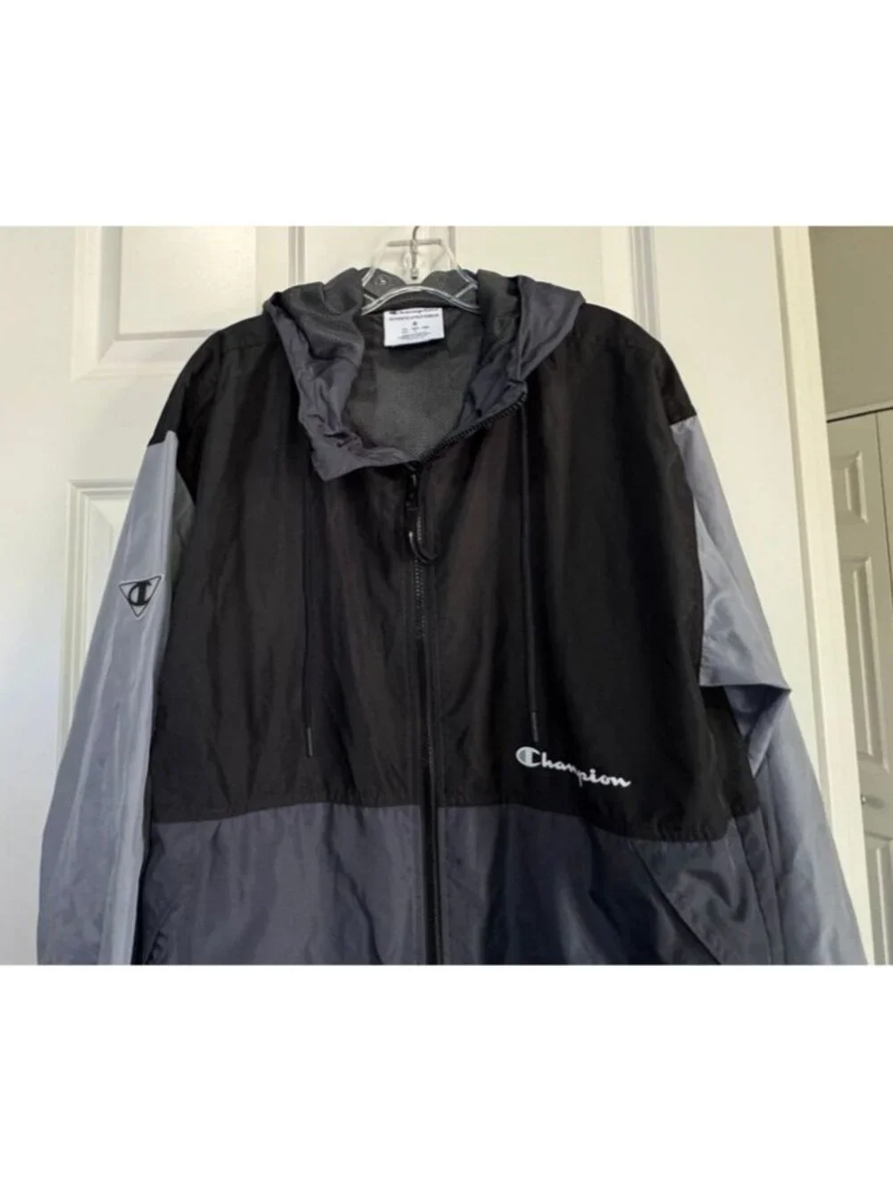Champion Jacket Lightweight Colorblock Gray/Black Full Zip Hooded Men's Medium M